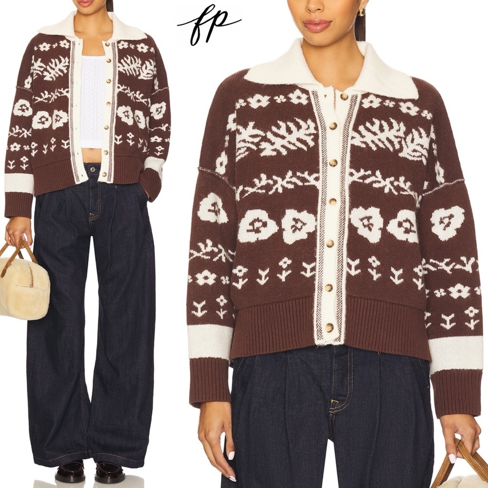 Free People Shelby Cardigan in Chocolate S Cozy Jacquard Knit Boxy Sweater - Picture 3 of 16